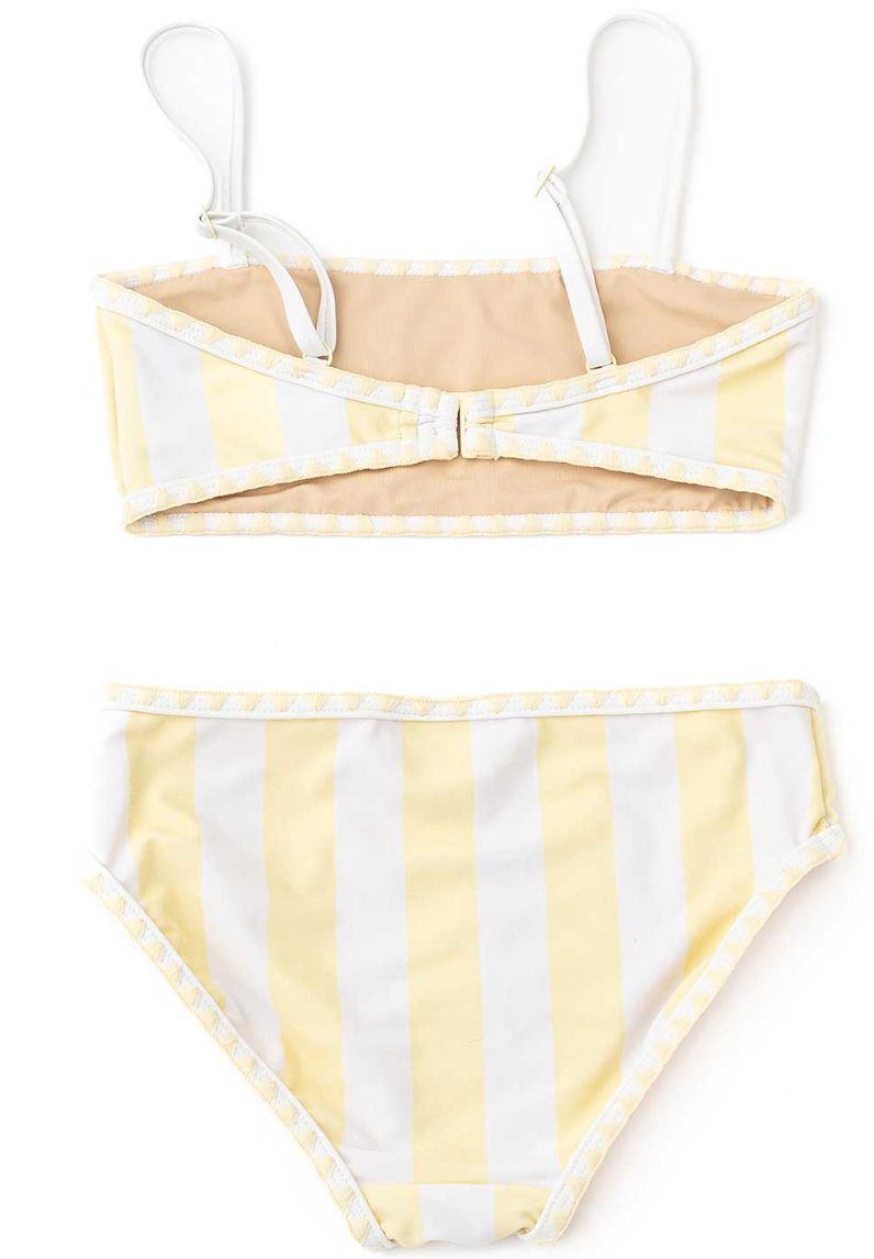 Yellow and white striped bikini set on a white background