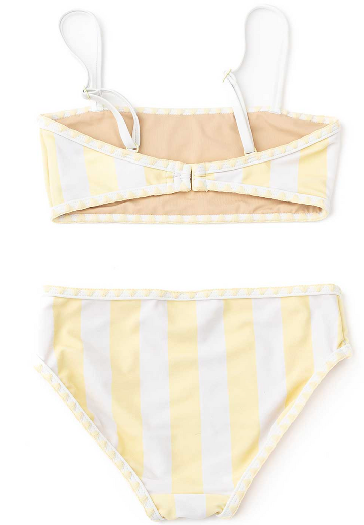 Yellow and white striped bikini set on a white background