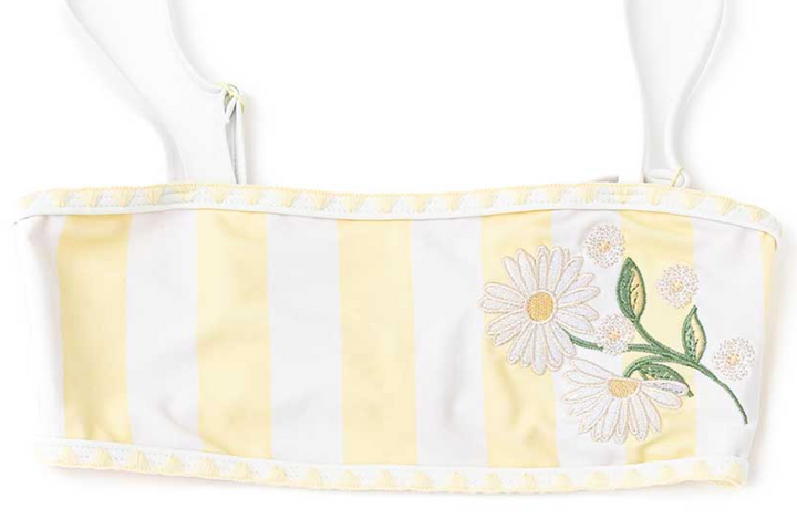 Striped bandeau top with floral design on a white background