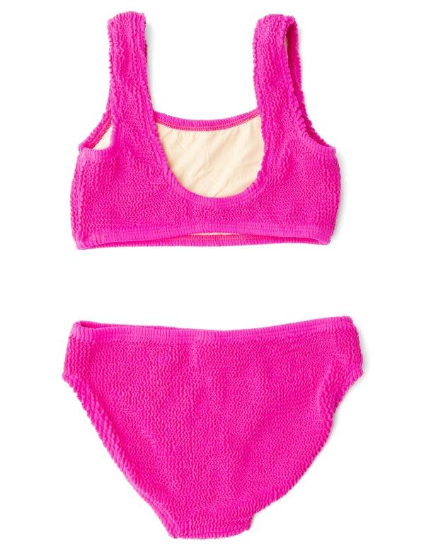 back of the two piece bathing suit with crinkle finish in a berry magenta color. 