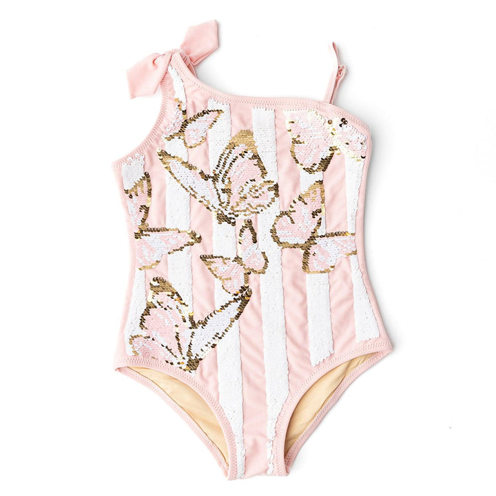 Pink and White Striped One Shoulder Swimsuit from Shade Critters featuring Sequin Butterflies on front of suit.