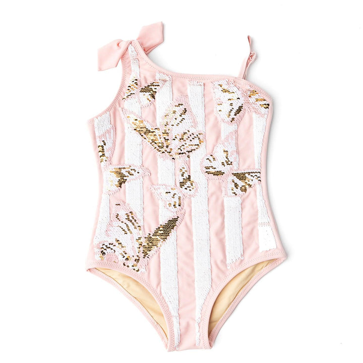 Pink and White Striped One Shoulder Swimsuit from Shade Critters featuring Sequin Butterflies on front of suit.