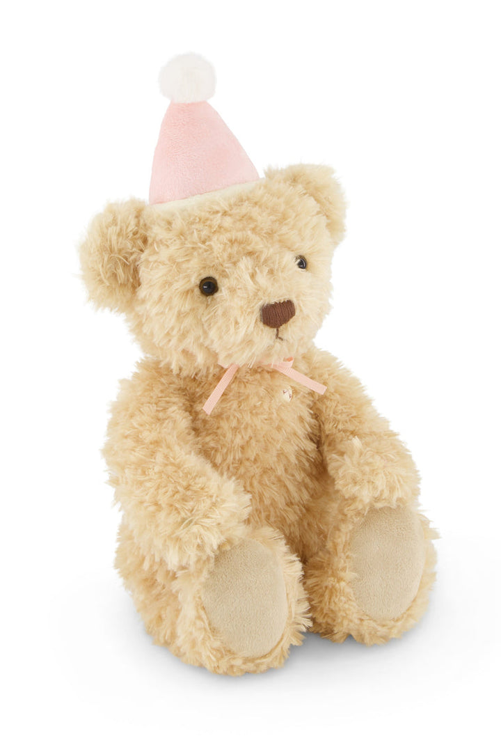 Teddy bear wearing a pink party hat on a white background