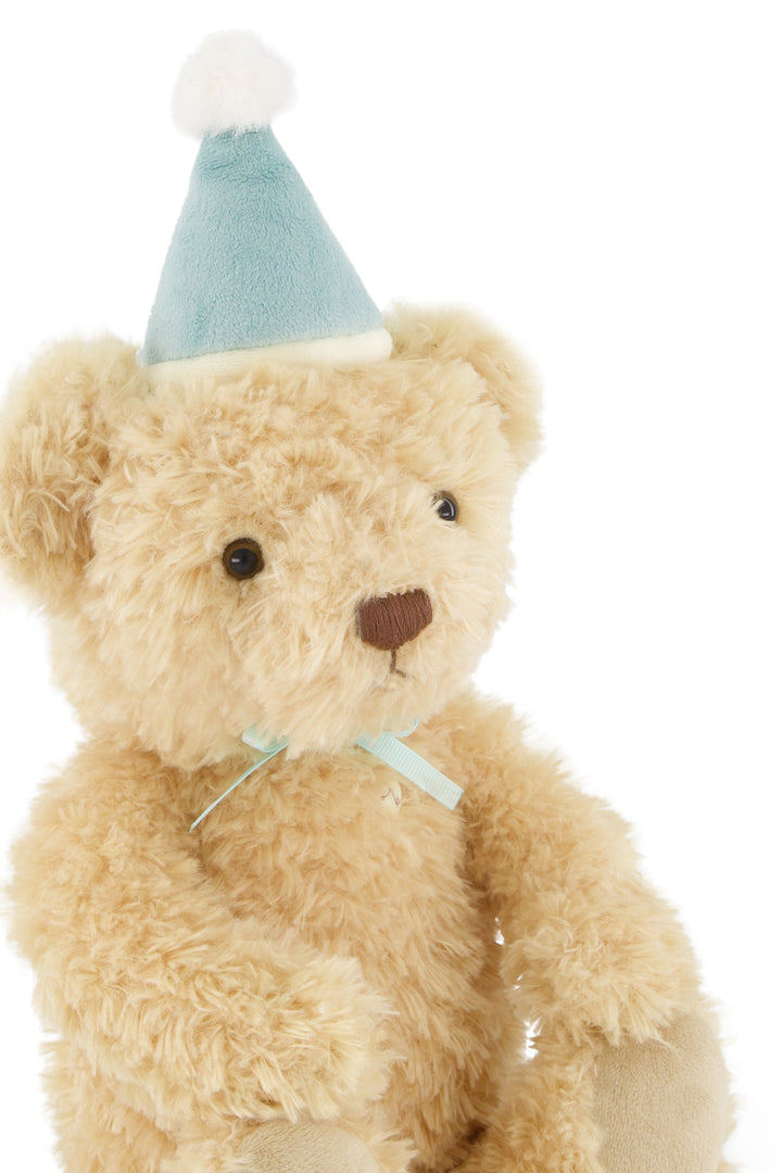 Teddy bear wearing a blue party hat on a white background