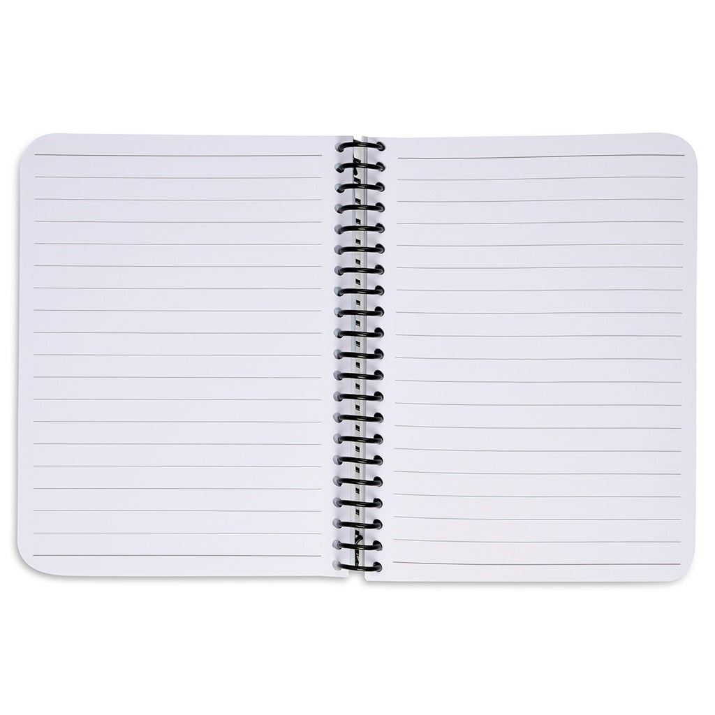 Open spiral-bound notebook with lined pages on a white background