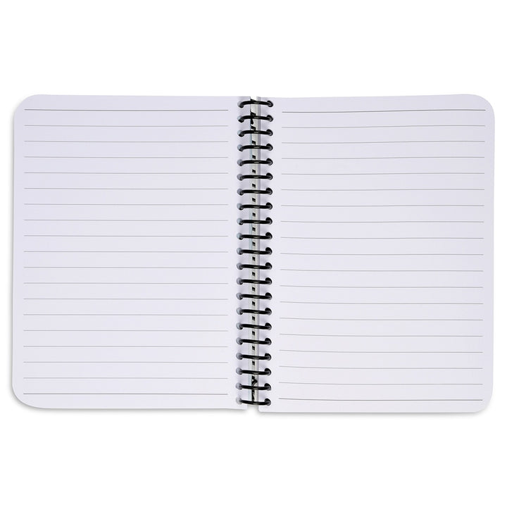 Open spiral-bound notebook with lined pages on a white background