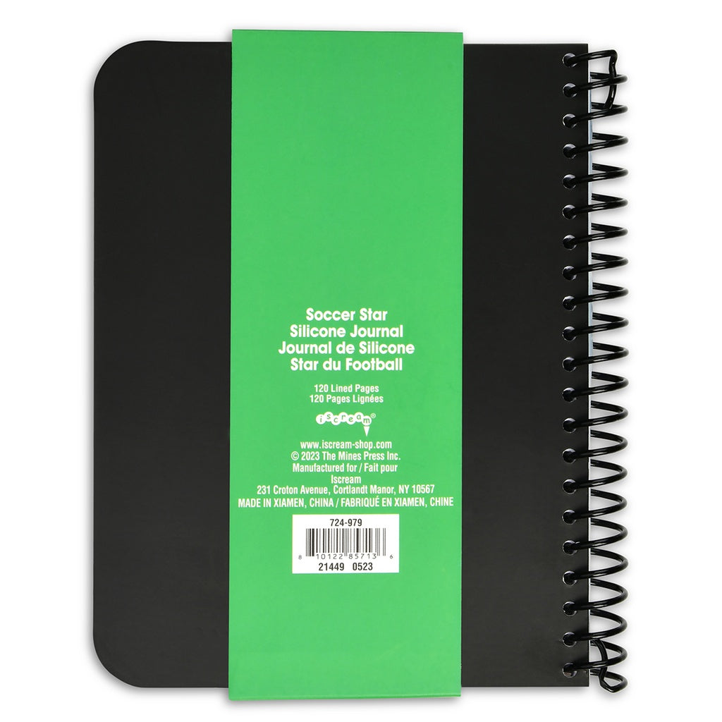 Black spiral-bound notebook with a green label on a white background