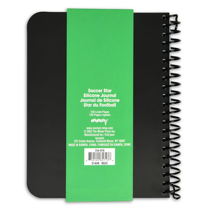 Black spiral-bound notebook with a green label on a white background