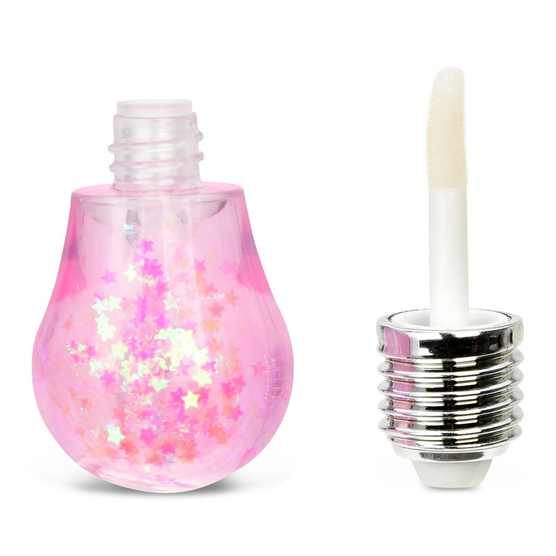 light bulb shaped lip gloss container with light pink color and hints of shimmer and glitter. 