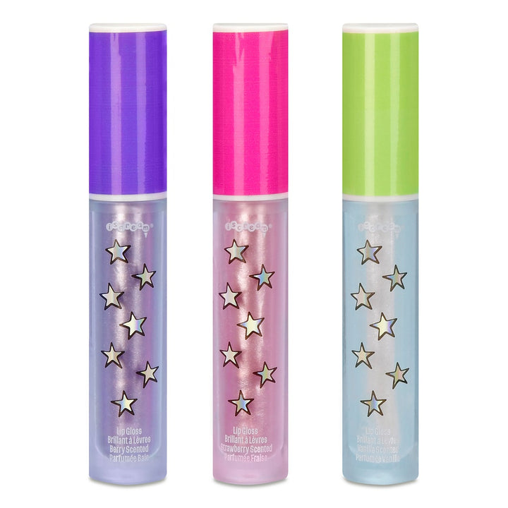 Three lip gloss tubes with colorful packaging and star designs on a white background