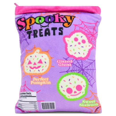 the back of the halloween snack plush. Mostly purple, green, orange and pink