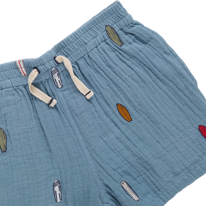 Blue shorts with embroidered designs on a white background