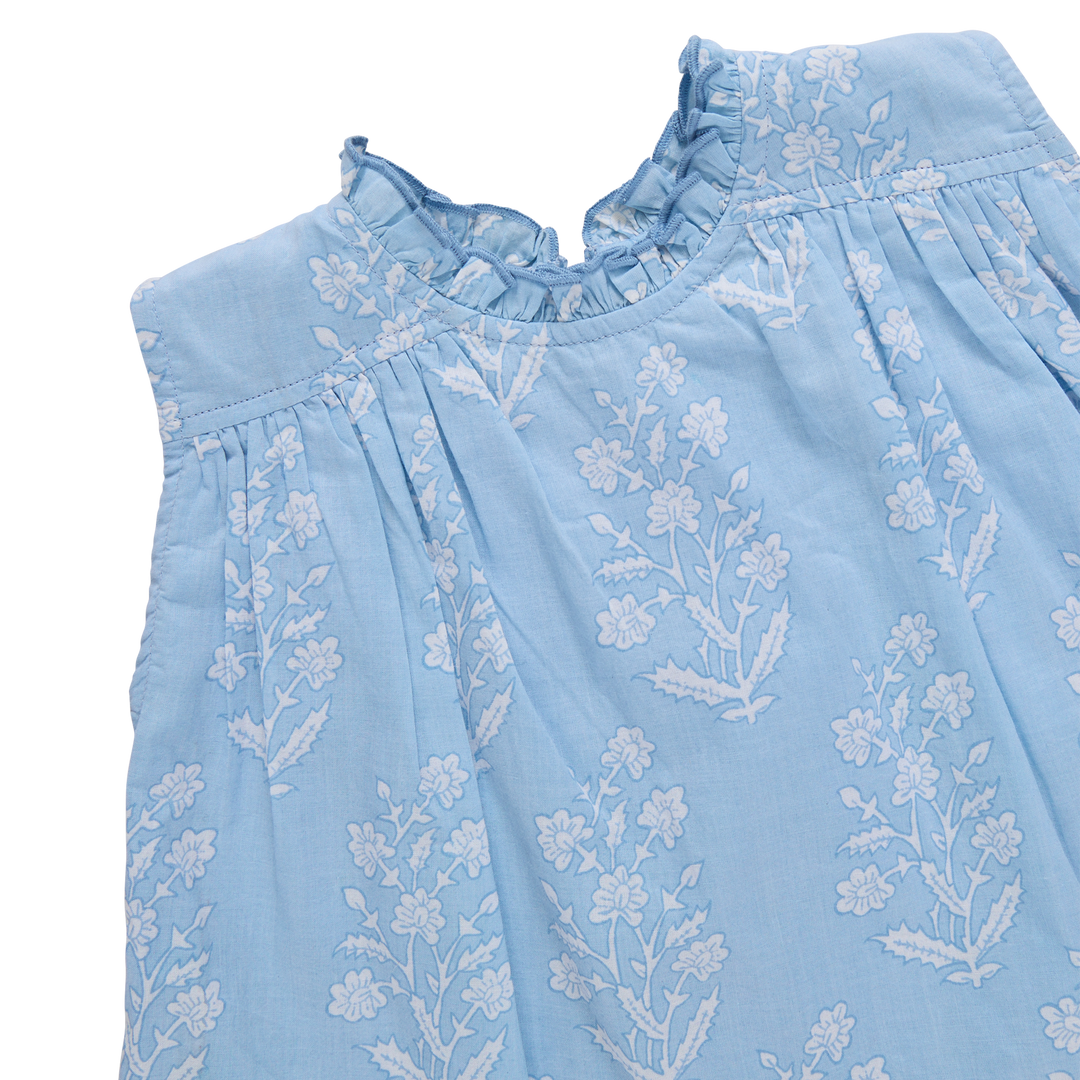 Girls Tops | Misha Top- Blue Dewdrop Block Print | Pink Chicken