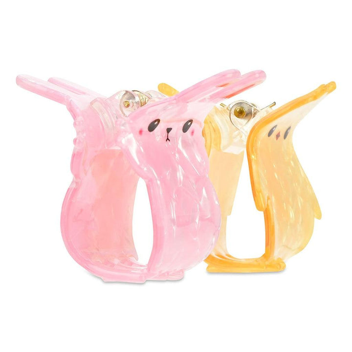 pink bunny and yellow chick small claw clips from the side. you can see the clips and how much hair they may hold here. 