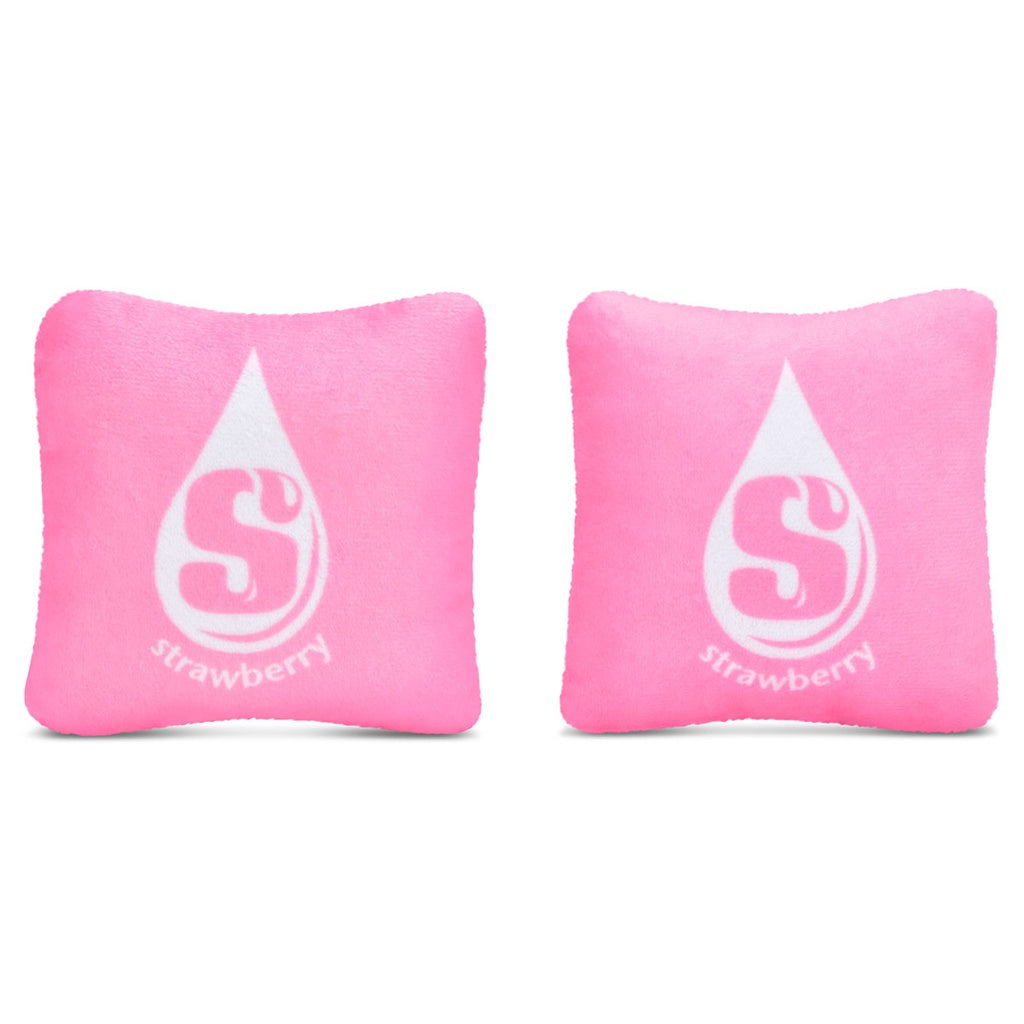 Two pink pillows with a white logo and text on a white background