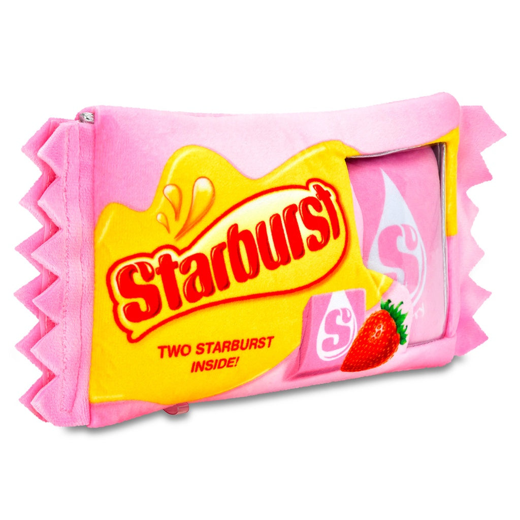 Pink Starburst candy package with yellow label on a white background