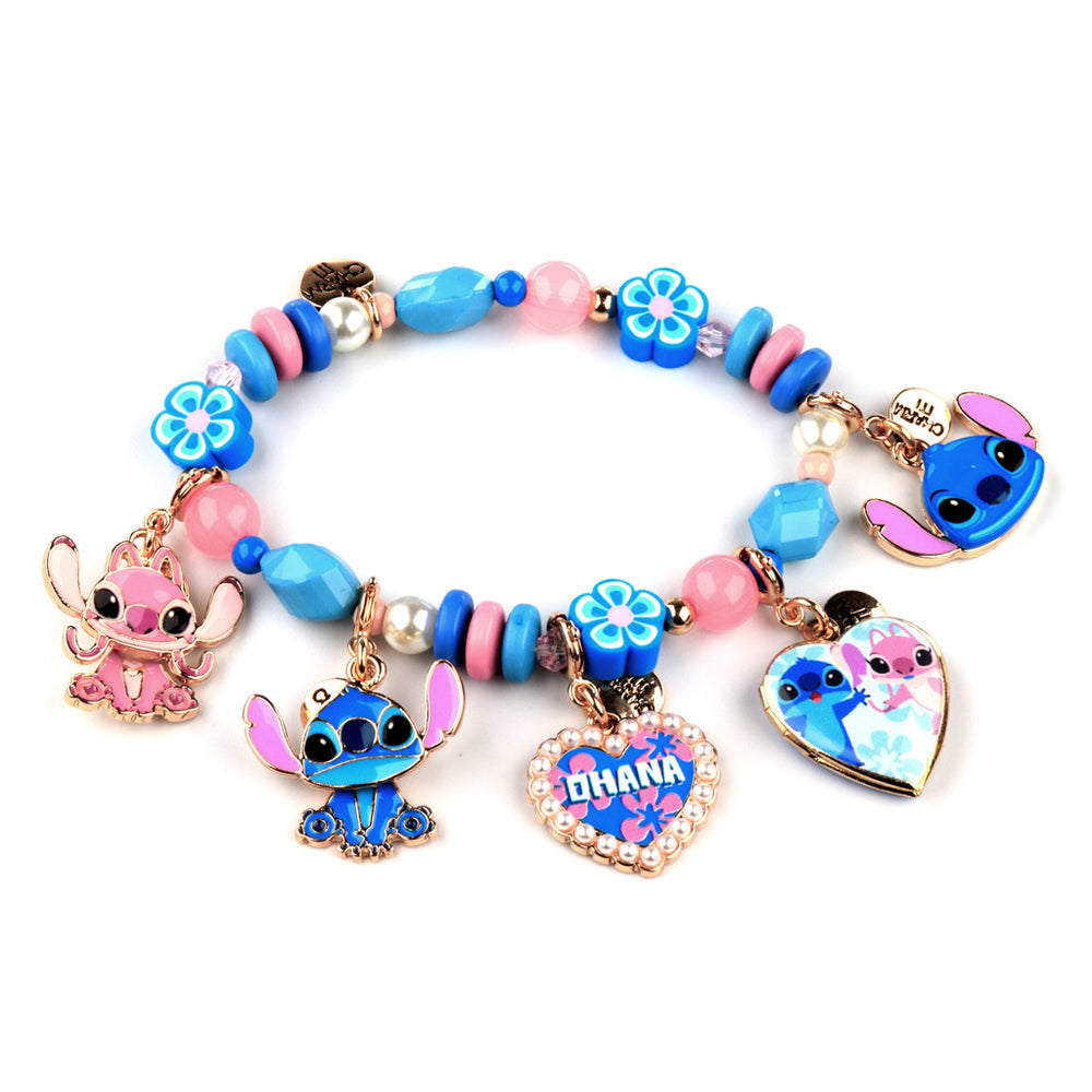 Colorful bracelet with Stitch charms on a white background