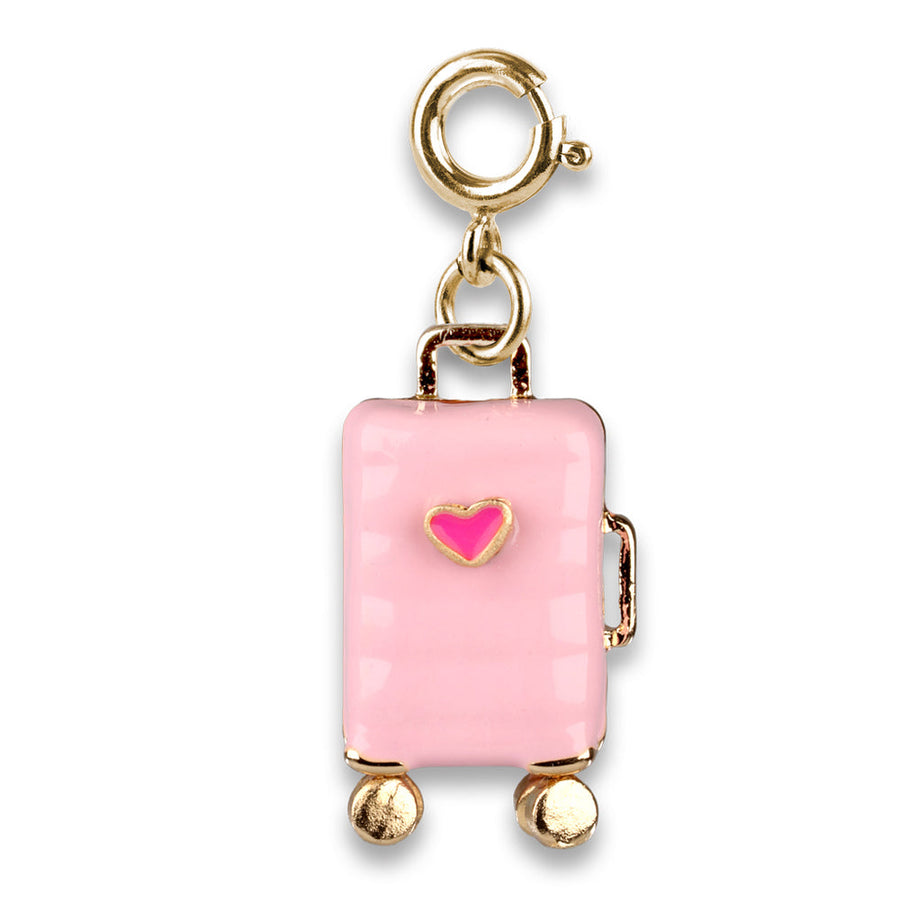 Pink suitcase charm with a heart on a white background