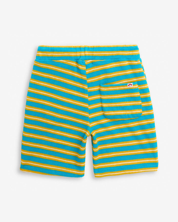 Back of Blue and yellow striped shorts on a white background