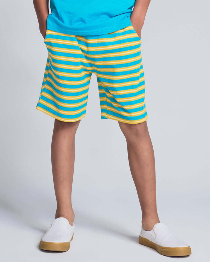 Person wearing blue and yellow striped shorts on a plain background