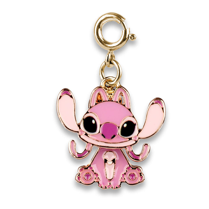 Pink cartoon character angel charm with gold accents on a white background