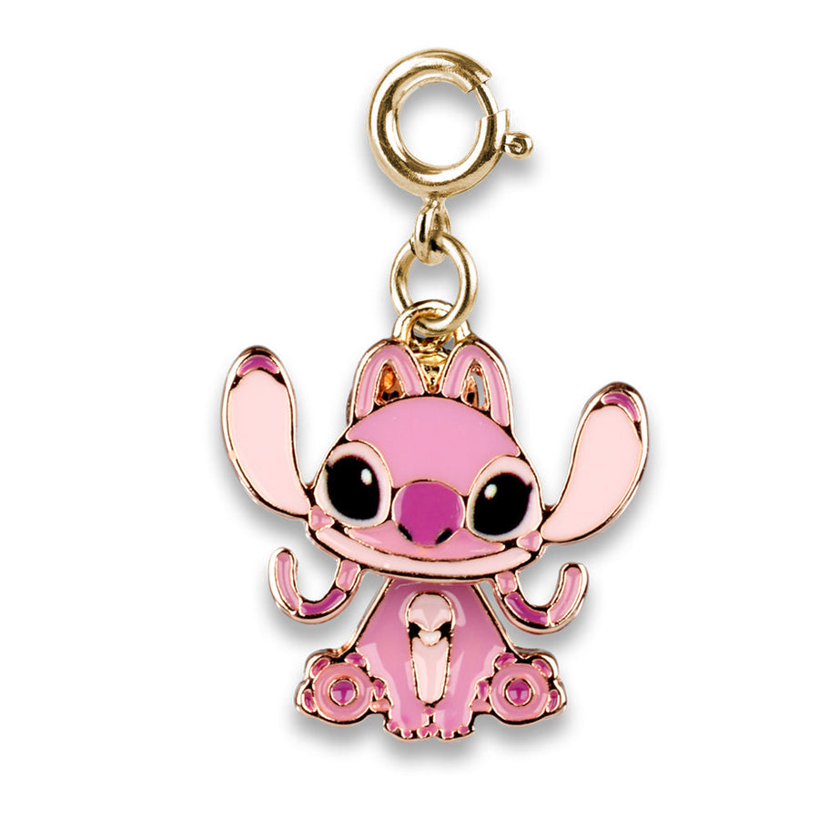 Pink cartoon character angel charm with gold accents on a white background