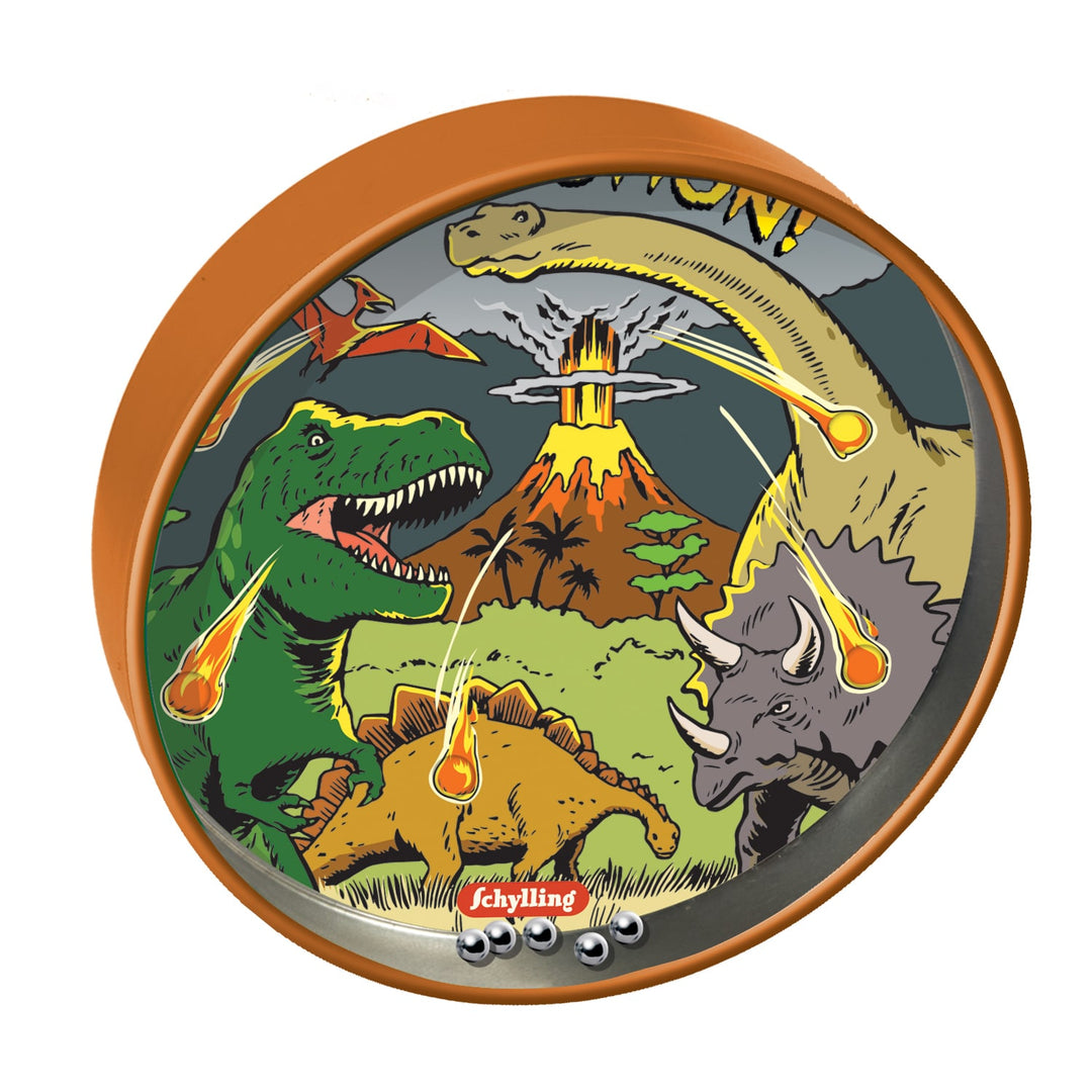 Round toy puzzle with dinosaur design featuring a volcano and various dinosaurs, branded 'Schylling'.