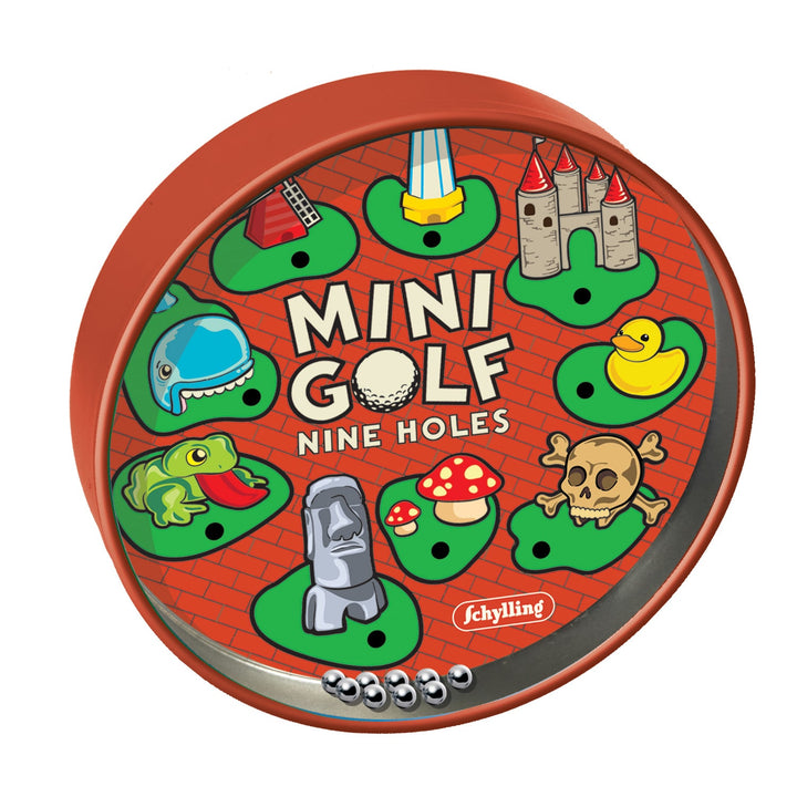 Mini golf tin puzzle packaging with various holes and Schylling logo on a red background