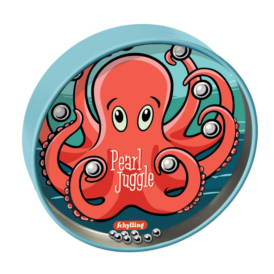 Toy packaging with a red octopus design and 'Pearl Juggle' text on a blue background