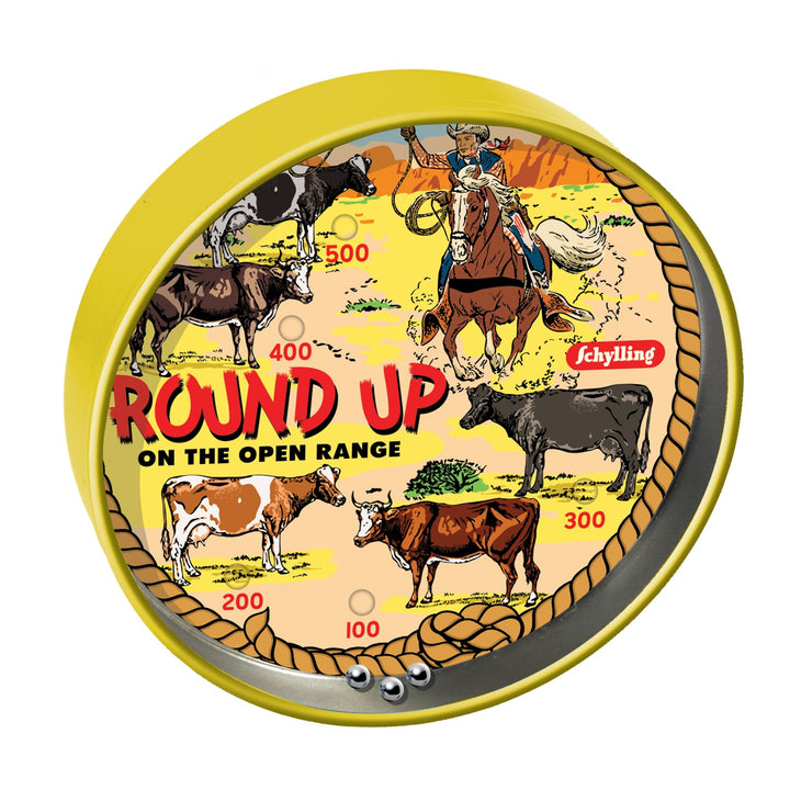 Round-up tin puzzle with cowboys and horses on a yellow border