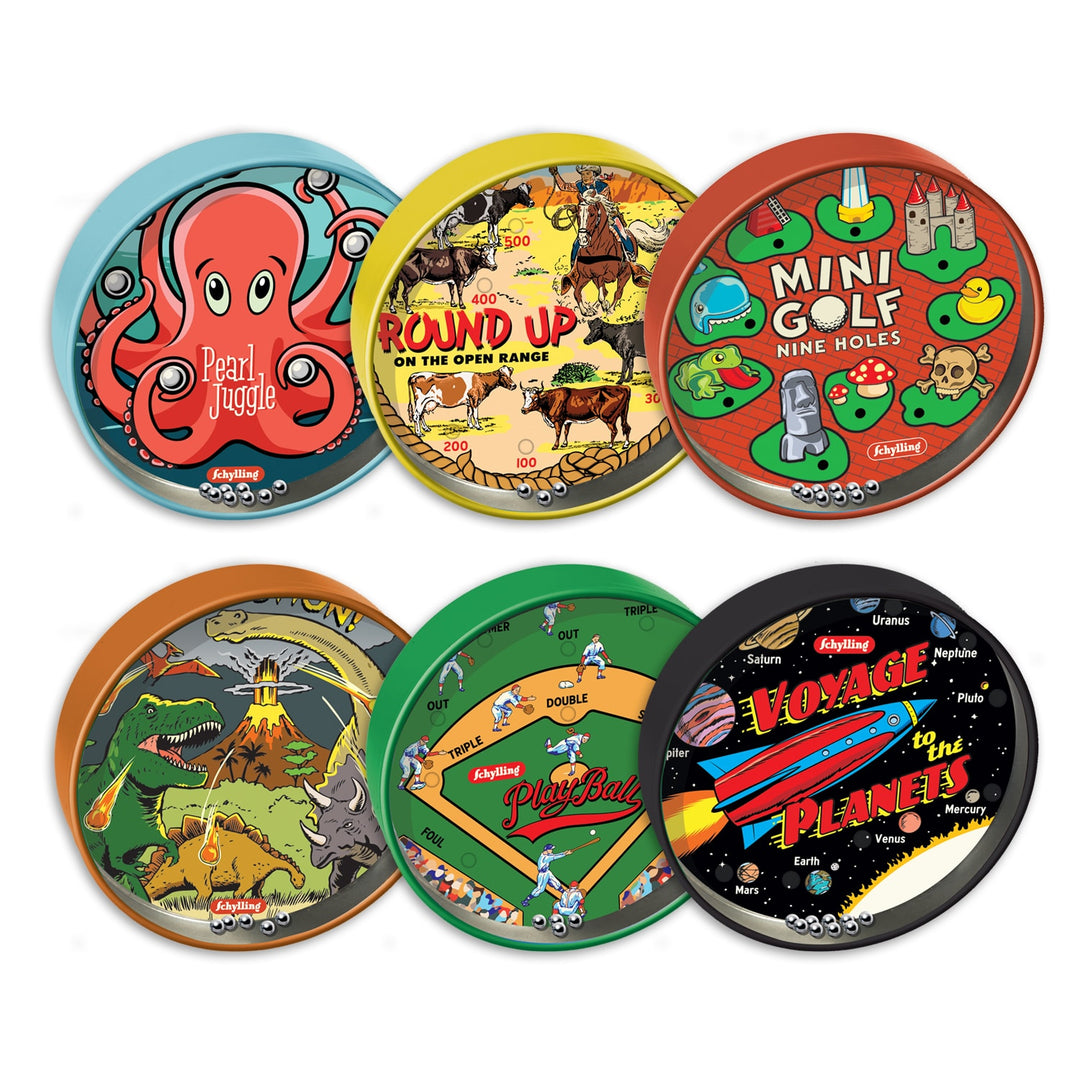 Set of colorful game tin puzzles with various graphics and text on a white background