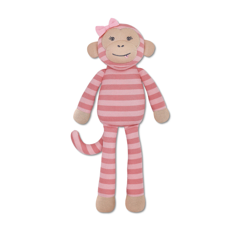 Pink and white striped monkey plush toy on a white background