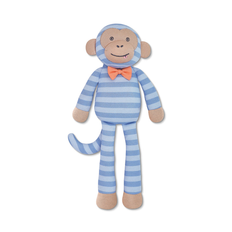 Stuffed monkey toy with blue and white striped outfit on a white background