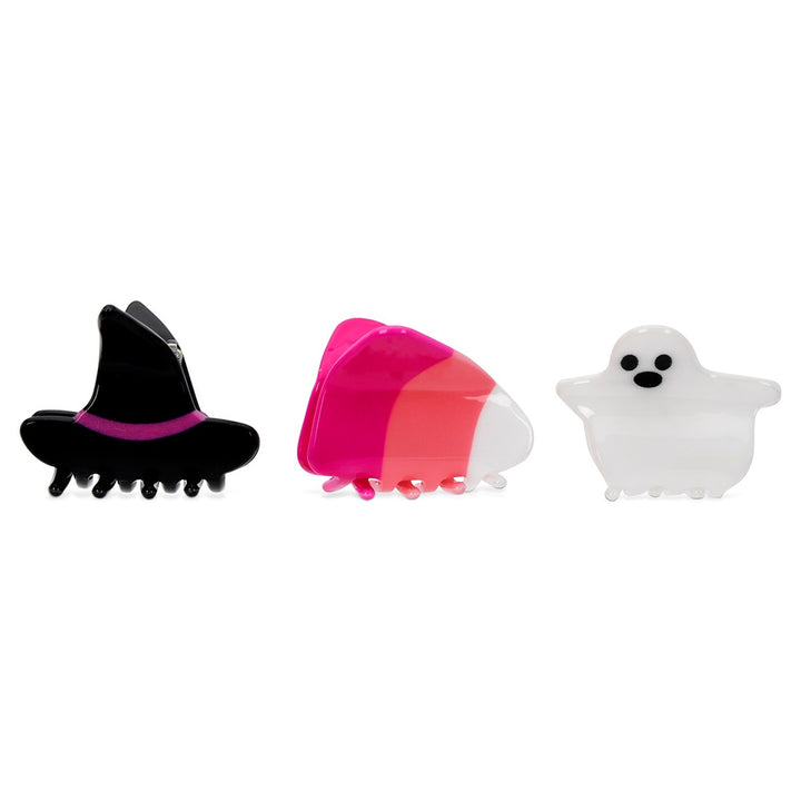 Three Halloween-themed hair clips on a white background
