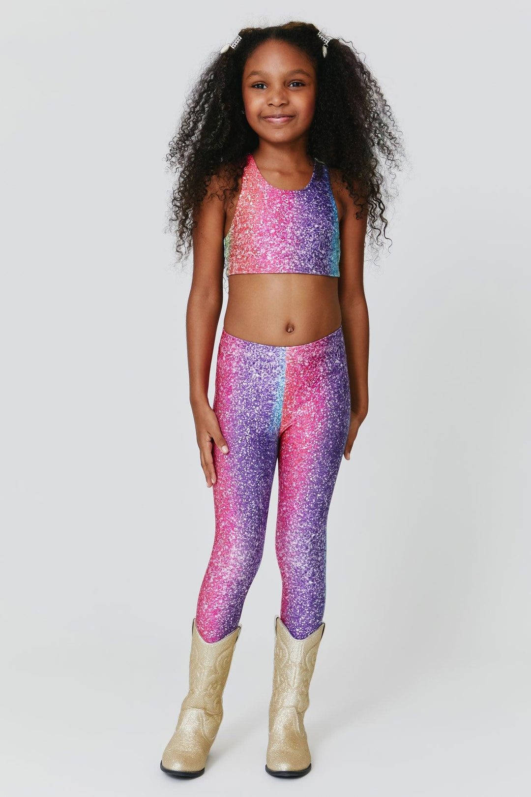 sparkle glitter looking leggings in multicolor: pink and purple