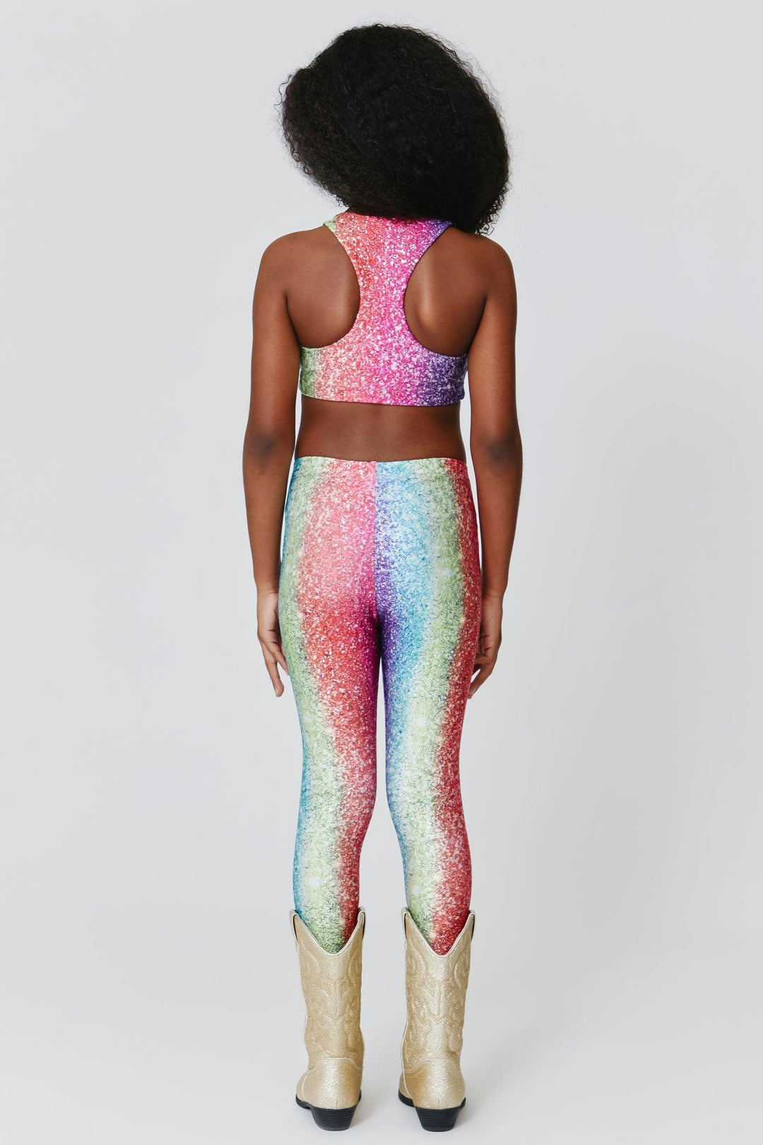 leggings from the back multicolor glitter: pink, green, purple, blue. 