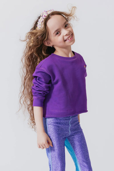 Tween Girl Wearing Terez Raw Hem Cropped Crew in Provence Lavender