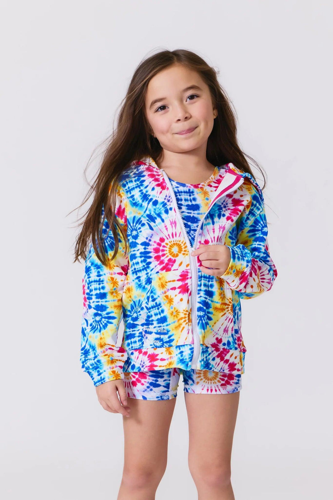 colorburst tie dye design hoodie with long sleeves and zipper closure. 