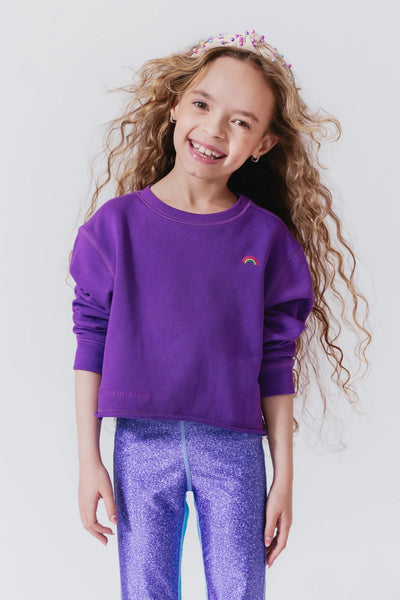 Tween Girl Wearing Terez Raw Edge Hem Cropped Crew in Provence Lavender