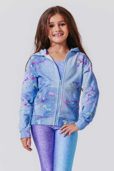 Tween Girl wearing Terez Zip Hoodie in Denim Paint Splatter Print.