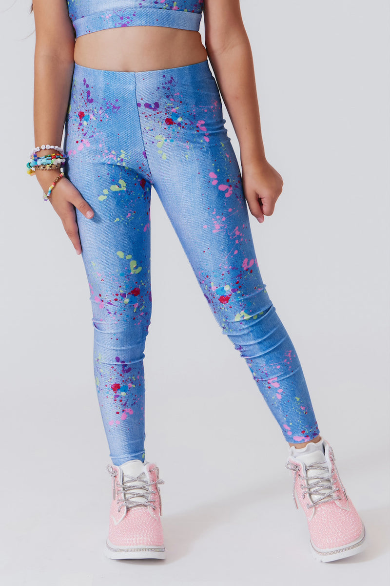 Terez Legging in Denim color with Paint Splatter print.