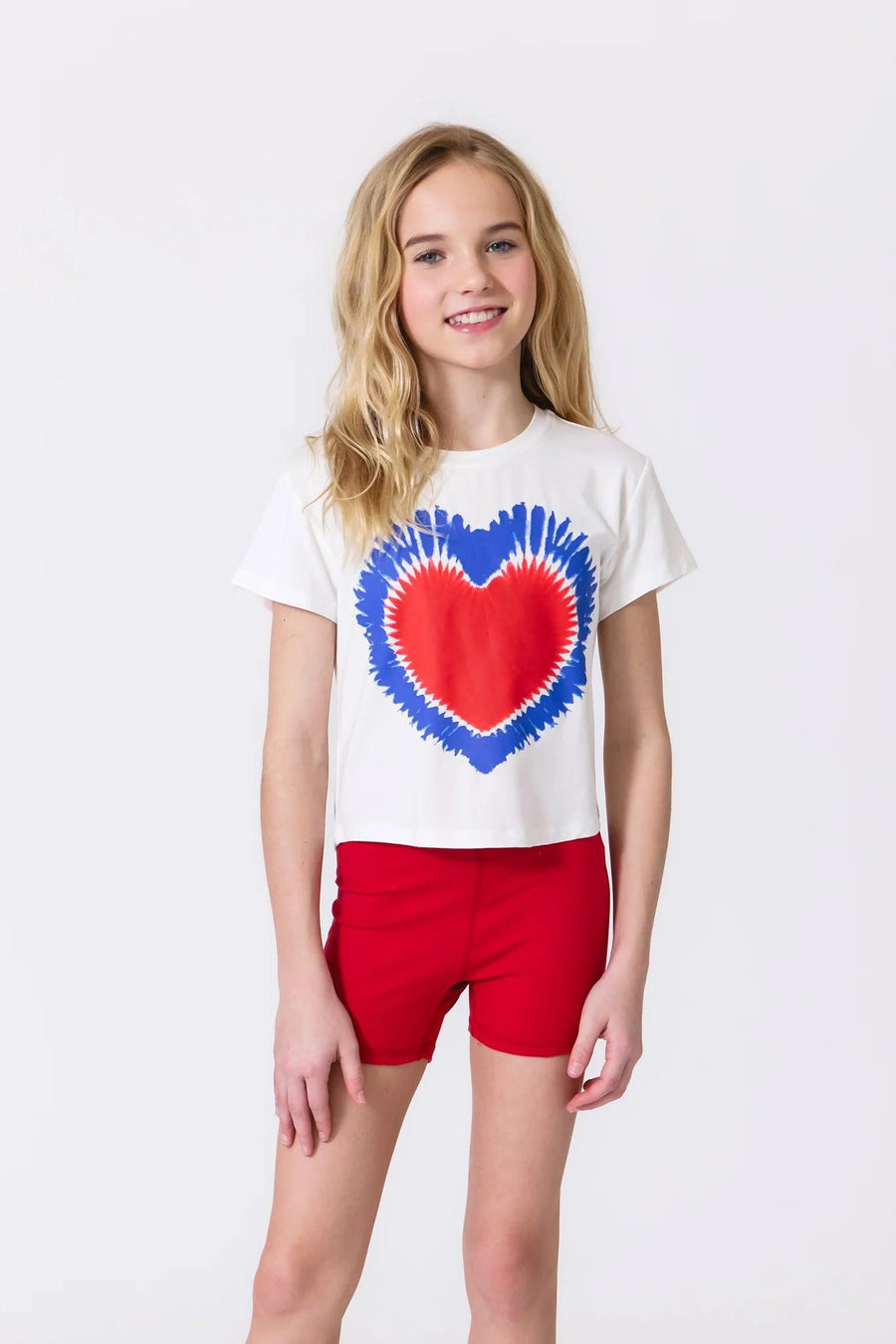 Terez Tie Dye July 4th White Tee feautring a Tie Dye Heart in Blue and Red