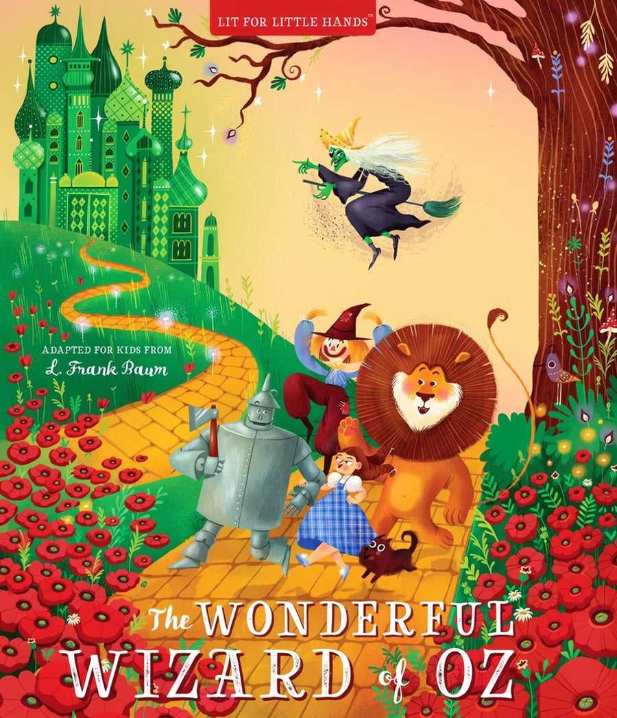 Illustrated children's book cover for 'The Wonderful Wizard of Oz' showing the Wizard of Oz flying on a broom, the Scarecrow, the Lion, and Dorothy on the Yellow Brick Road, with a green castle and red poppy fields in the background. The top banner reads 'Lit for Little Hands'.