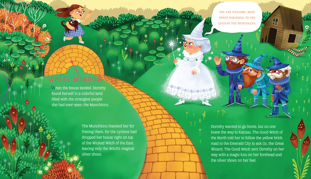 Illustration from a children's book featuring Dorothy, the Wizard of Oz, and the Scarecrow.