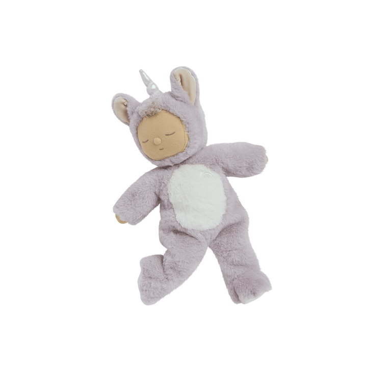 Plush toy in a lavender unicorn costume on a white background