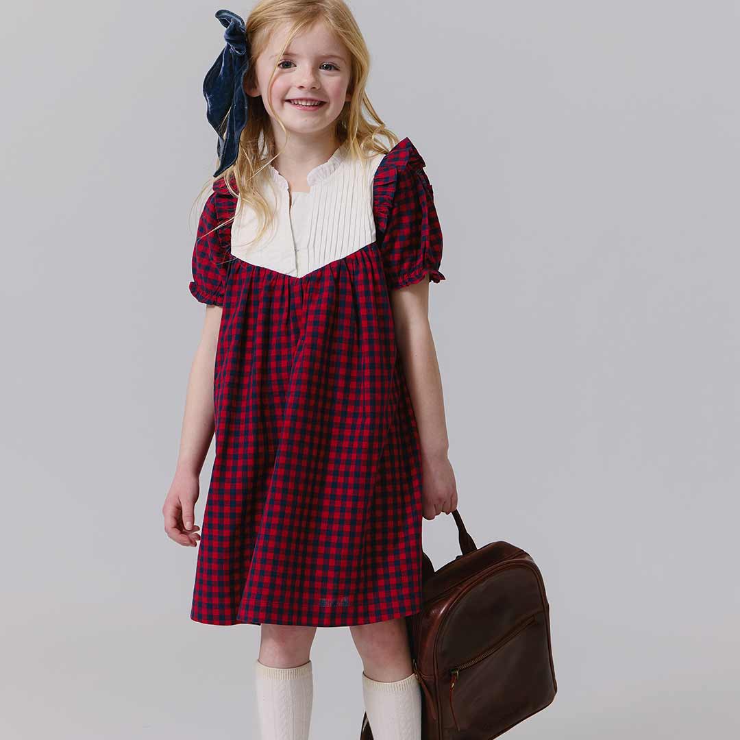 Young girl wearing a red and navy checkered dress with a white shirt top holding a brown bag on a plain background.