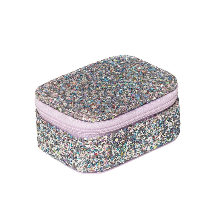 lilac glitter jewelry box that has a zipper closure. 
