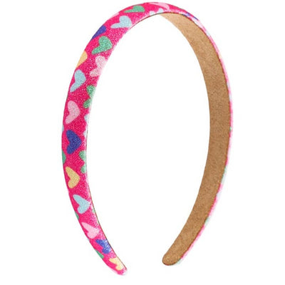 hot pink headband covered in different color hearts