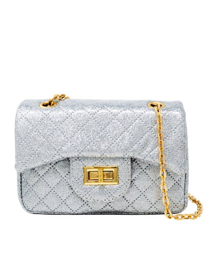 silver glitter handbag with gold link chain for a shoulder strap and gold twist lock closure