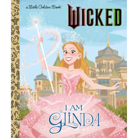 Book cover of 'Wicked: I Am Glinda' featuring a character in a pink dress with a cityscape background.